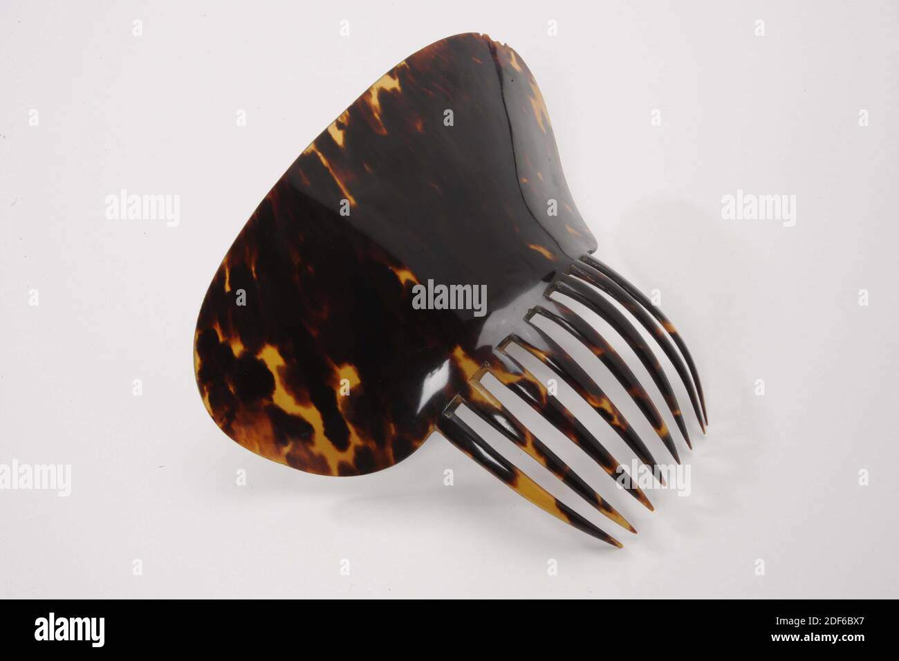Pettine (gioielli per capelli), Anonimo, primo quarto 19 ° secolo, Generale: 8.8 x 19.2 x 16.5cm (88 x 192 x 165mm), pettine Tortoiseshell per decorare i capelli con un'ampia lama ovale con otto denti lunghi. La base del pettine è marrone chiaro e trasparente, con macchie marrone scuro, 1890 Foto Stock