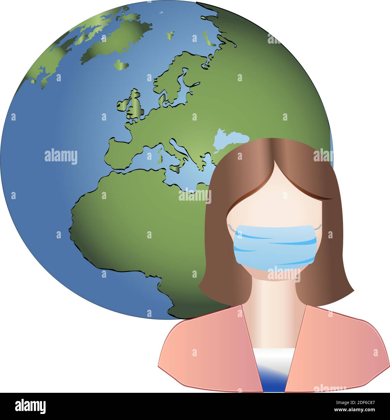 Pianeta terra e una ragazza in una maschera medica. Coronavirus pandemie notizie. Illustrazione Vettoriale