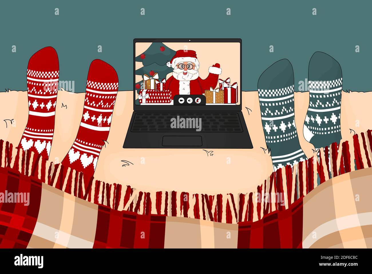 Videochiamata con Babbo Natale e regali nel periodo natalizio. Due persone stanno guardando lo schermo del computer portatile sul letto in calzini lavorato a maglia rosso e verde Illustrazione Vettoriale