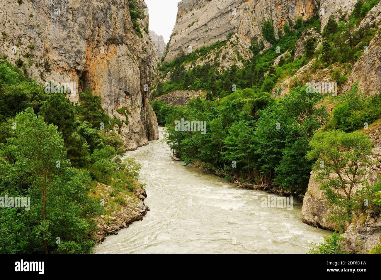 Noguera Pallaresa corso di fiume medio a Collegats coomb, Lleida, Catalogna, Spagna. Foto Stock
