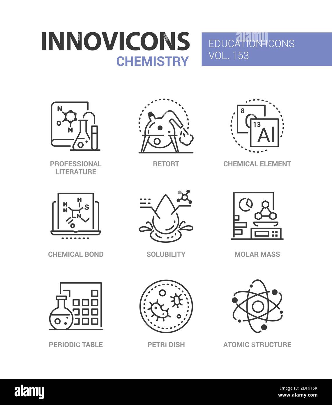 Chimica - Set di icone di stile moderno per il design delle linee. Idea di educazione e scienza. Letteratura, storta, elemento chimico e legame, solubilità, massa molare, per Illustrazione Vettoriale