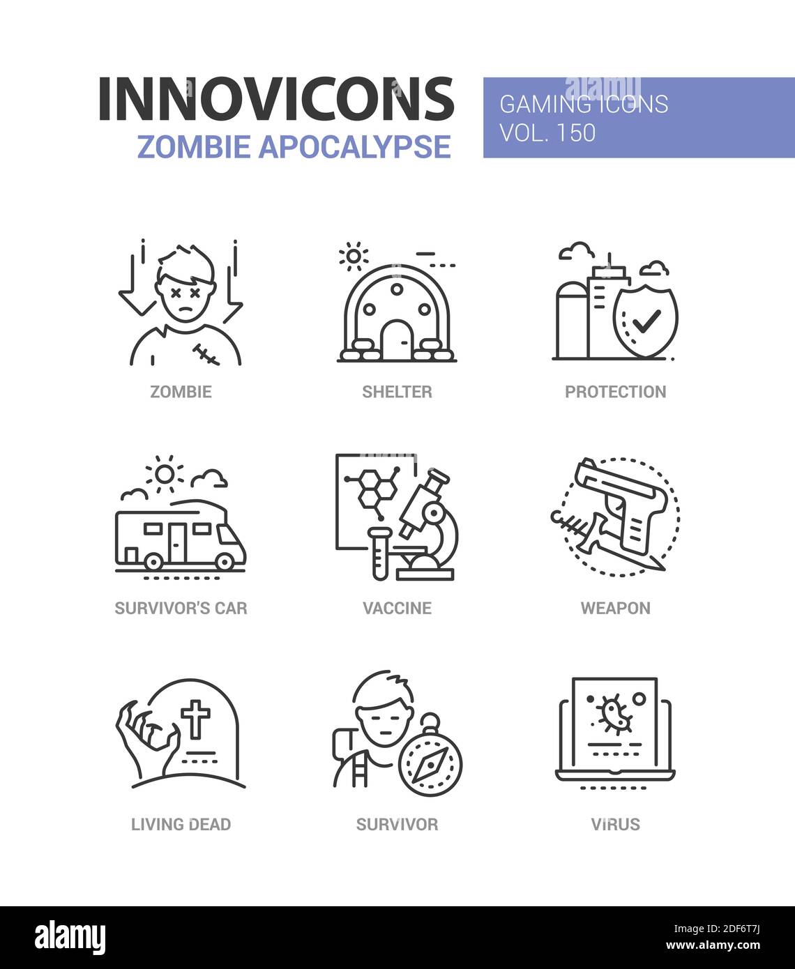 Zombie apocalisse - Set di icone di stile moderno. Idea di gioco e fiction. Rifugio, protezione, sopravvissuto, auto, vaccino, arma, morti viventi, vir Illustrazione Vettoriale