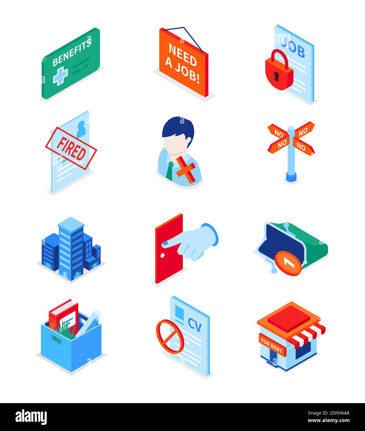 Disoccupazione e crisi - Set di icone isometriche moderne e colorate. HR e ricerca di lavoro idea. Infornato segno, nessun denaro in una borsa, casa in affitto, rigettato resum Illustrazione Vettoriale