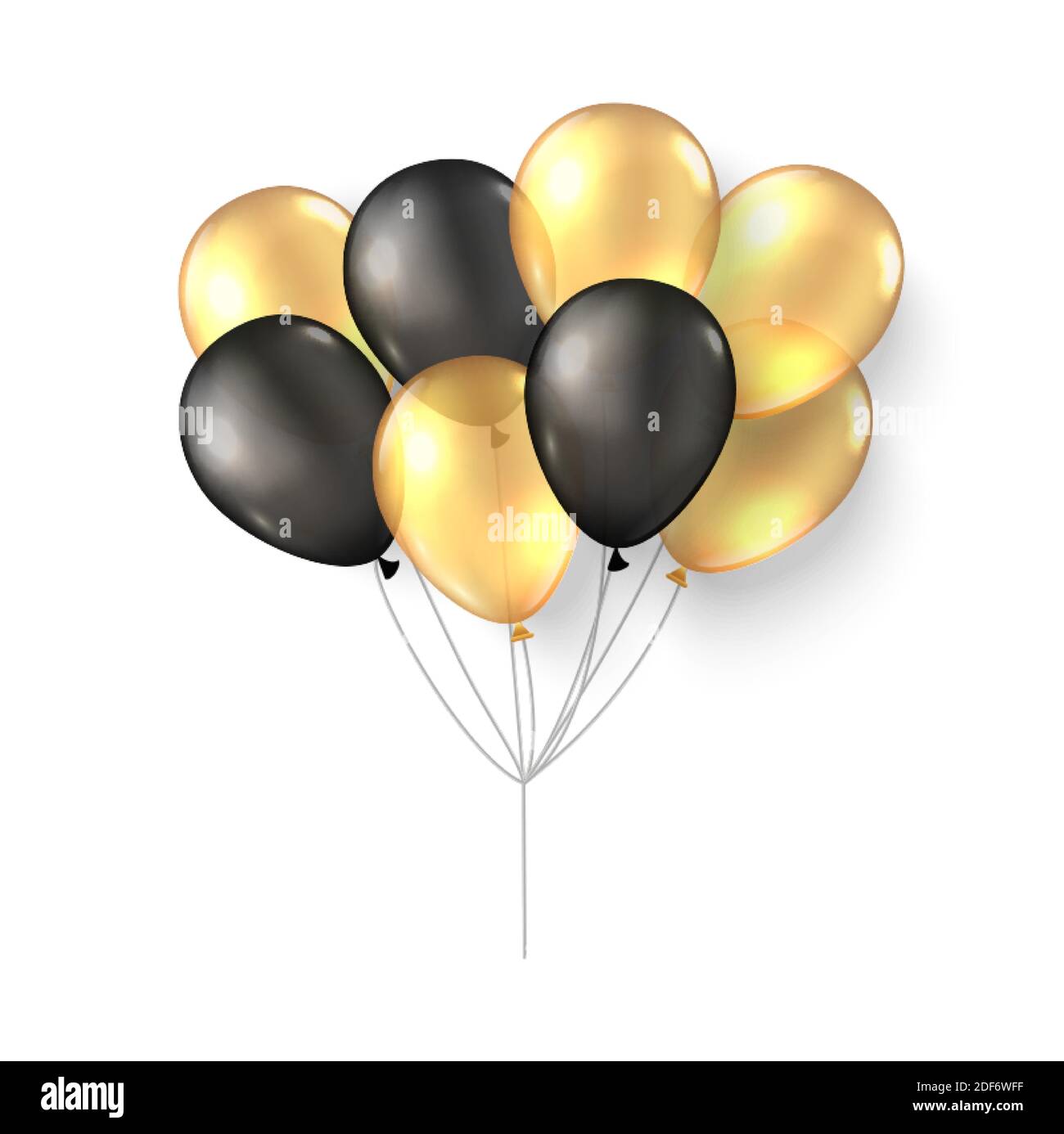 Palloncini oro nero. 3d realistic happy holidays volo elio ballon mock up. Black friday New Year festa di compleanno poster design scheda Illustrazione Vettoriale