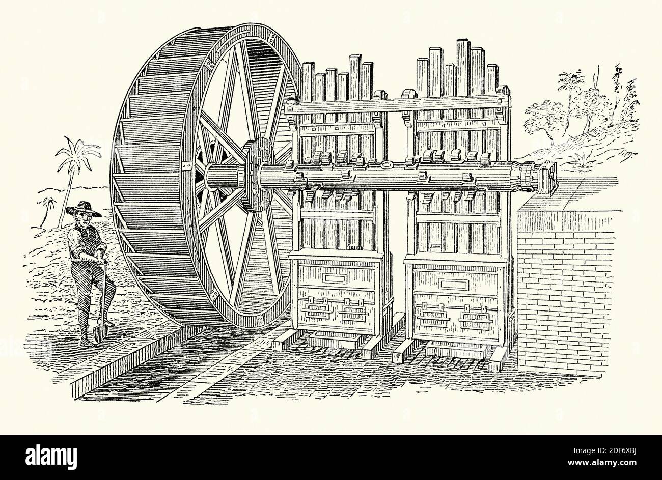 Un'antica incisione di un mulino a francobolli ad acqua. Proviene da un libro di ingegneria meccanica vittoriana del 1880. Un mulino per francobolli (batteria per francobolli o mulino per stampaggio) è una macchina che schiaccia il materiale mediante pestaggio per la lavorazione o l'estrazione di minerali metallici. Il francobollo era fatto di legname pesante con una ‘testa’ di ferro in basso. È stato sollevato da camme su un asse rotante, e poi è caduto sulla miscela di minerale e acqua sotto. Questa versione ha due batterie di sei francobolli alimentati da una ruota ad acqua sotto-shot. Il primo francobollo negli Stati Uniti è stato costruito nel 1829 presso la miniera Capps vicino Charlotte, Carolina del Nord. Foto Stock