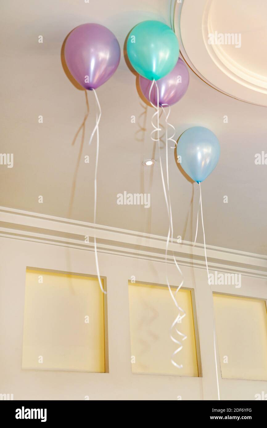 Palloncini Party pastello ripieni di elio al soffitto Foto stock - Alamy