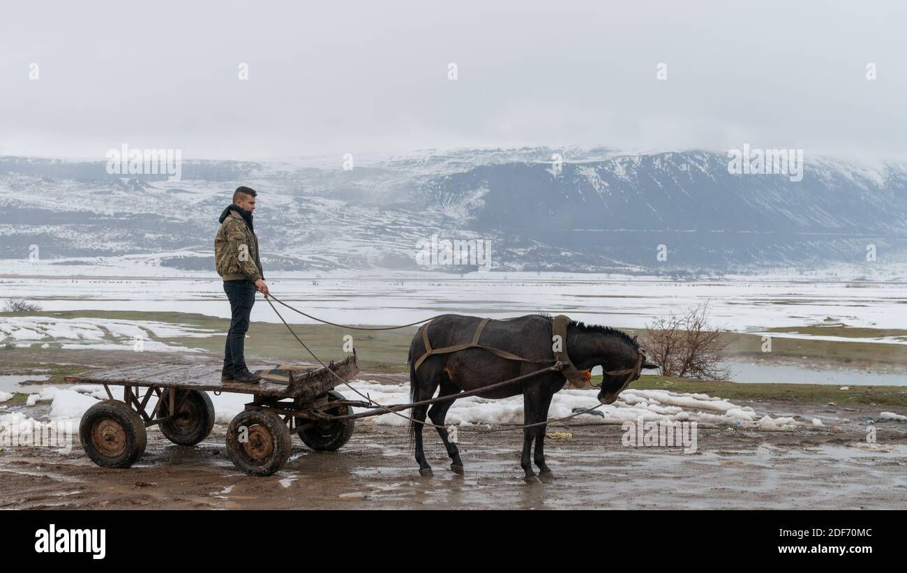 Bitlis, Turchia - Febbraio 2020: Uomo che cavalcano un carro con cavallo nel paesaggio innevato dell'Anatolia Orientale Foto Stock