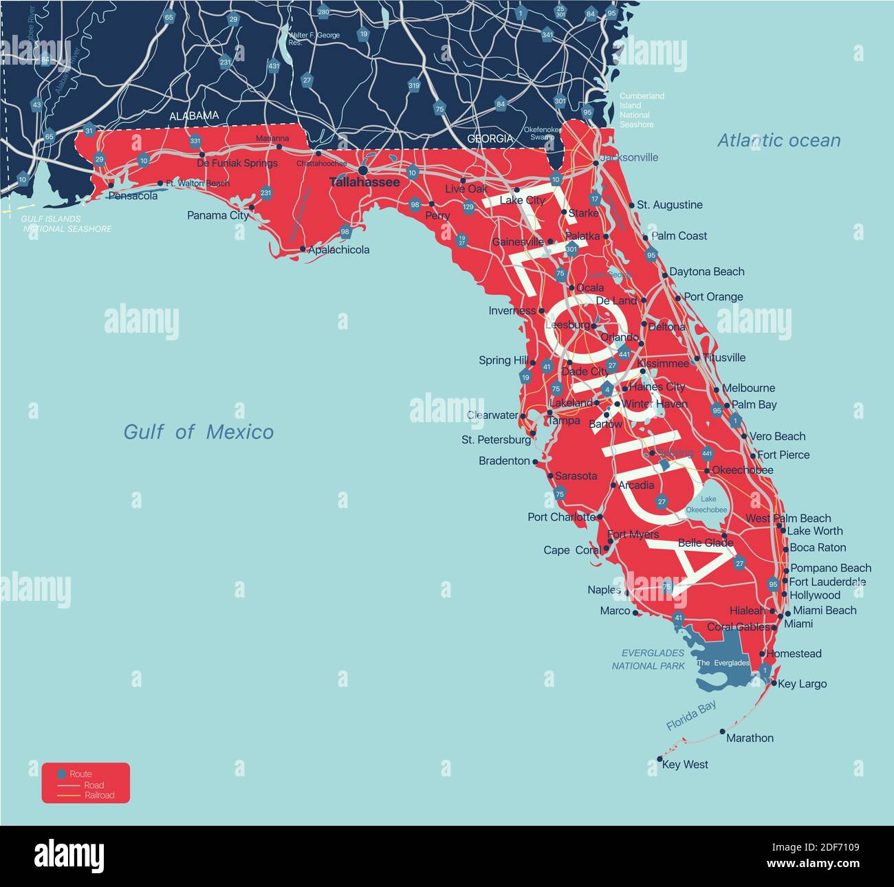 Florida state Mappa modificabile dettagliata con città e città, siti