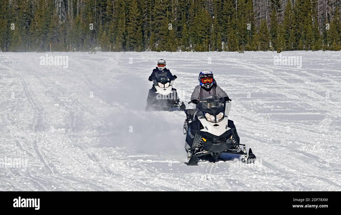 Gli amanti della motoslitta si trovano in una zona innevata delle Oregon Cascade Mountains, vicino a Bend, Oregon. Foto Stock