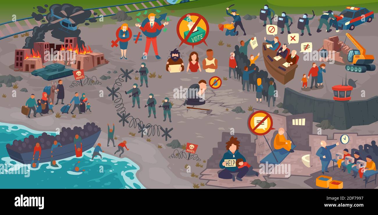 Crisi globale, rifugiati, sciopero per i diritti umani, persone in difficoltà. Uomo che piange di mancanza d'acqua, prigioniero in prigione, povera famiglia con il bambino beg, operai in macchina da cucire Cartoon piatto vettore illustrazione Illustrazione Vettoriale