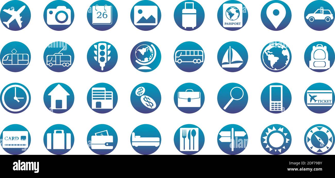 Icone vacanza e viaggio. Semplice illustrazione piatta per il commercio, il concetto di Internet di vendita su sfondo bianco. Simbolo vettoriale moderno alla moda per il web Illustrazione Vettoriale