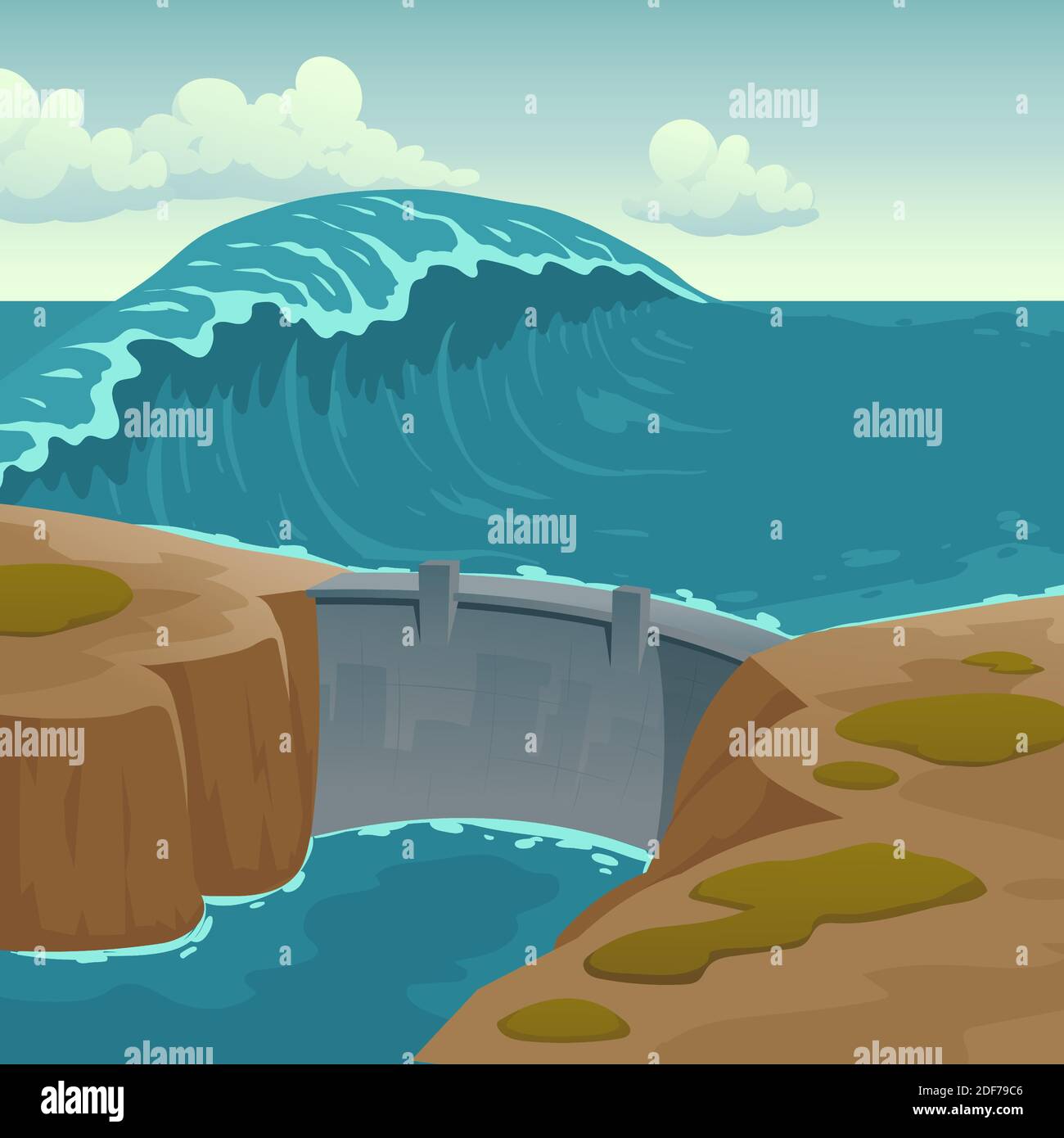 Paesaggio marino con diga e grande onda. Costruzione di protezione per baia o laguna contro acqua massiccia. Cartoni animati vettoriali illustrazione di barricata d'acqua, sbarramento, stazione idroelettrica Illustrazione Vettoriale