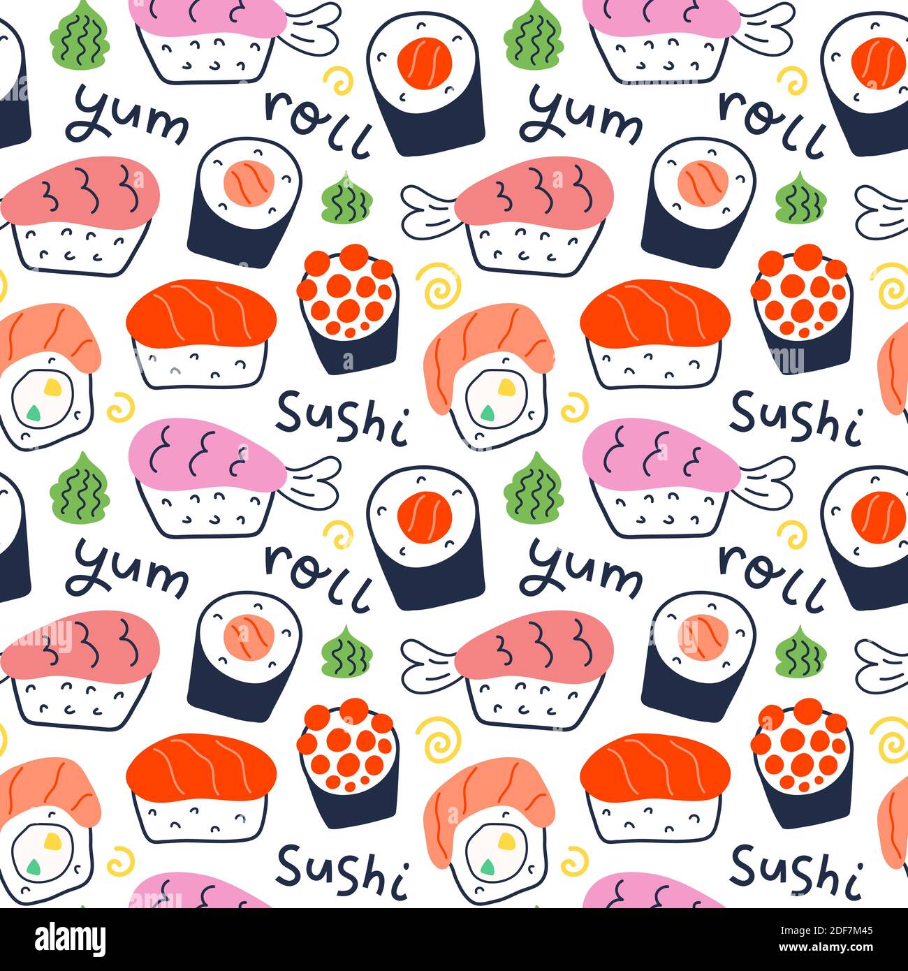 Sushi rolls pattern, illustrazione di pesce, philadelphia, maki e nigiri, yummi cibo giapponese con salmone e gamberi, cute doodle art, vettore senza giunture Illustrazione Vettoriale