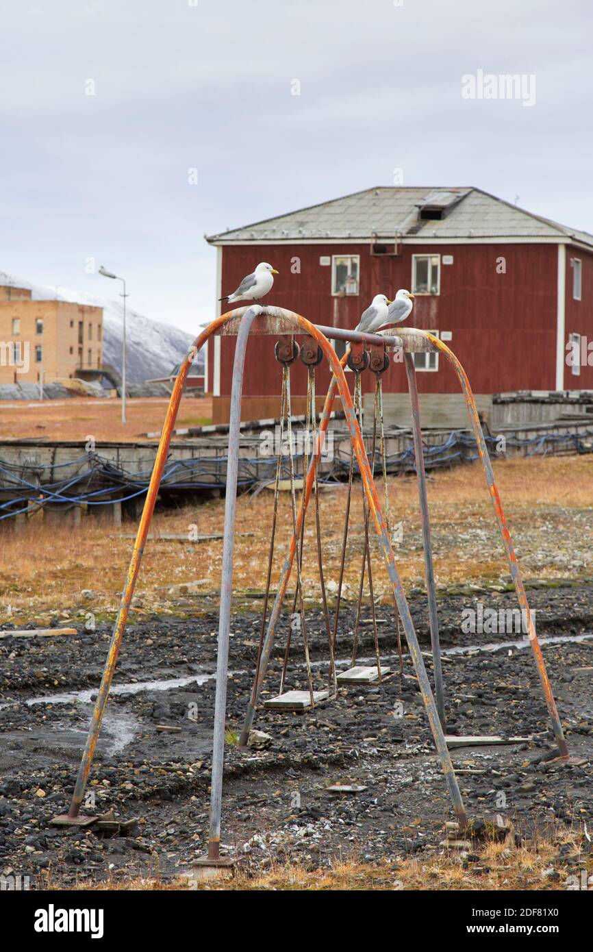 Vecchio swing sul parco giochi per bambini a Pyramiden, abbandonato insediamento sovietico di miniere di carbone a Svalbard / Spitsbergen Foto Stock