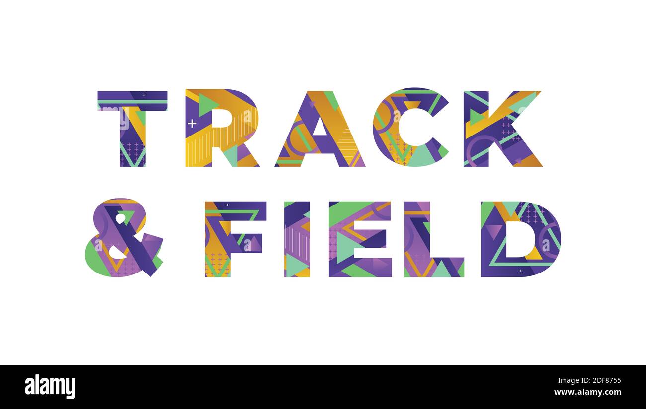 Le parole Track & Field Concept scritte in colorate forme retrò e colori illustrazione. Foto Stock