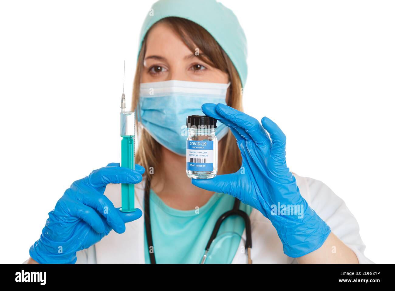 Flacone di vaccino del coronavirus medico siringa del virus Corona COVID-19 vaccini Covid isolato su sfondo bianco Foto Stock