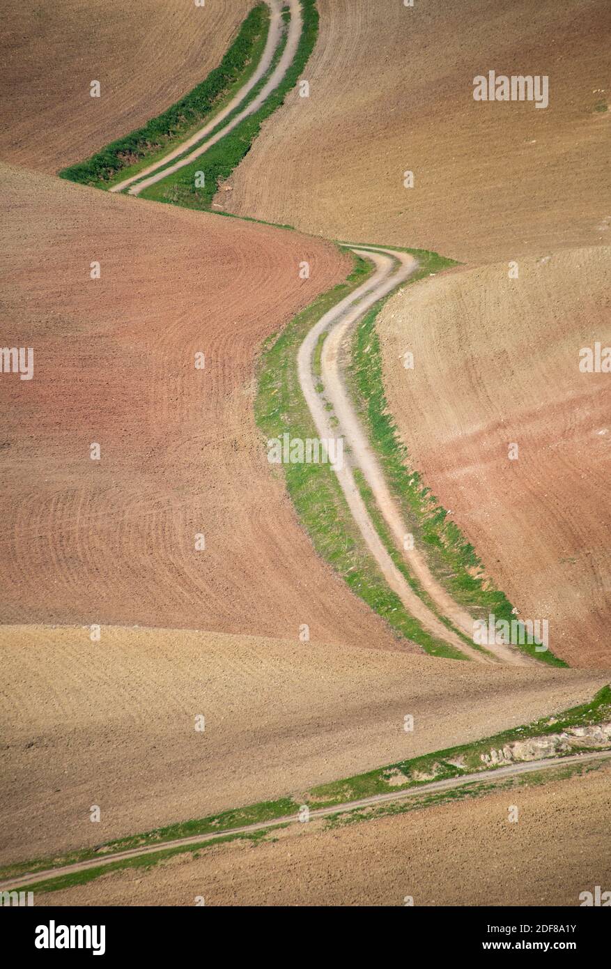 Strada tortuosa attraverso il paesaggio asciutto con campi vuoti in Andalusia, Spagna Foto Stock