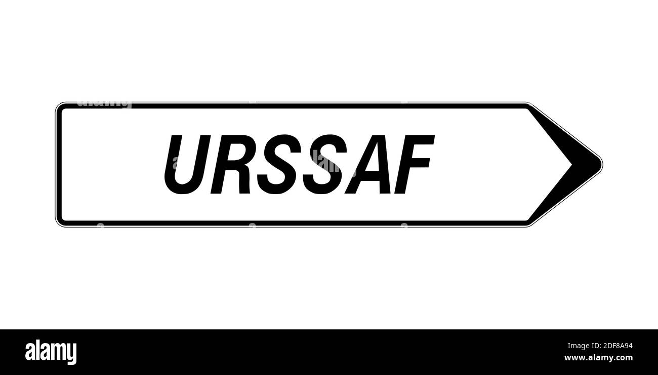 Segnale stradale con testo URSSAF. Urssaf è l'organizzazione per la raccolta di contributi previdenziali e di prestazioni familiari in Francia Foto Stock
