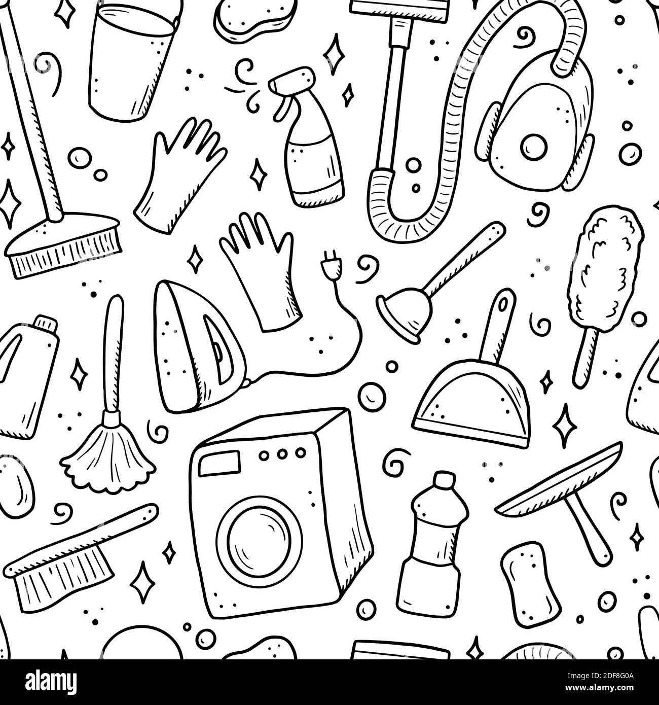 Disegno senza giunture di attrezzature per la pulizia, spugna, vuoto, spray, scopa, secchio. Stile di schizzo Doodle. Pulire l'elemento disegnato da una penna digitale. Illustrazione per sfondo, sfondo, banner. Illustrazione Vettoriale