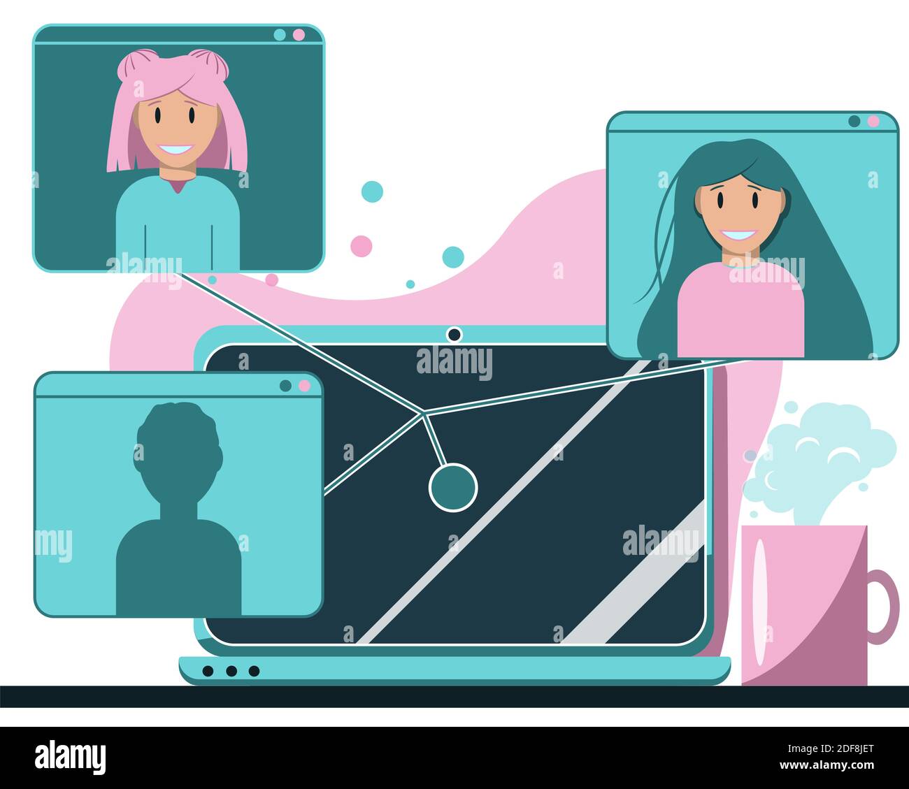 Videoconferenza, lezione online, illustrazione del concetto di riunione di lavoro a distanza. Laptop, tazza di bevanda calda, amici di connessione web, colleghi, studenti. Rete, brainstorming. Applicazione Live stream. Illustrazione vettoriale Illustrazione Vettoriale