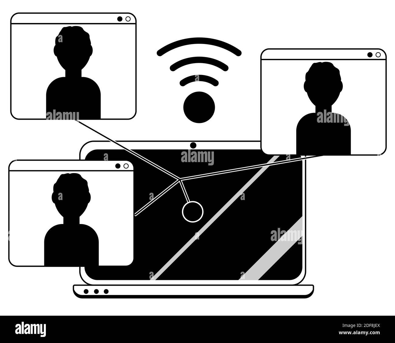 Chiamate multiple su Internet, conferenze con zoom, lezioni online, streaming live di lavoro. Silhouette icona di rete remota, formazione, brainstorming, riunione. Applicazione Chat. Schermo del laptop, segnale wi-fi, persone. Nero. Illustrazione vettoriale Illustrazione Vettoriale