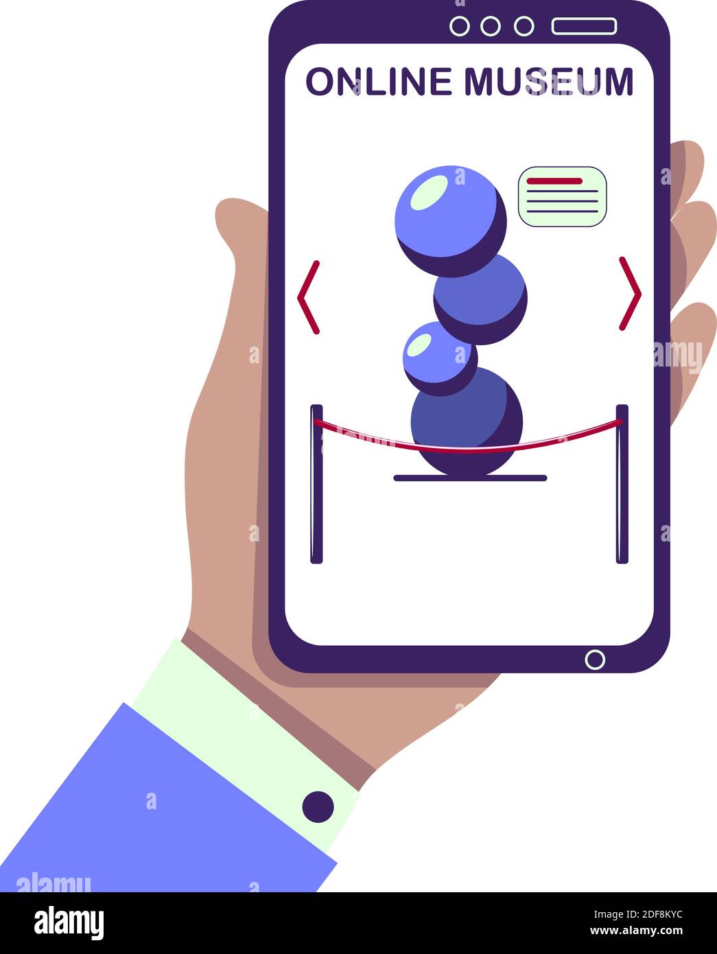 Mano con smartphone utilizzando online museo, applicazione galleria, sito web. Escursione a distanza, illustrazione del concetto di educazione. Vettore isolato piano. Scultura astratta di arte moderna. Mostra digitale. Illustrazione vettoriale Illustrazione Vettoriale
