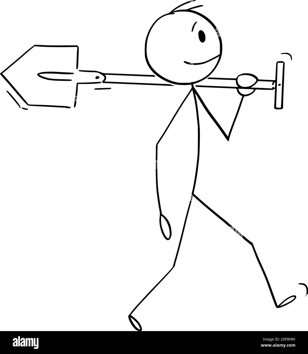 Figura del cartoon vettoriale di figura del bastone dell'uomo, del giardiniere o dell'operaio che cammina con la vanga o la pala, andando lavorare sul giardino, sulla pianta o sul buco di scavo. Illustrazione Vettoriale