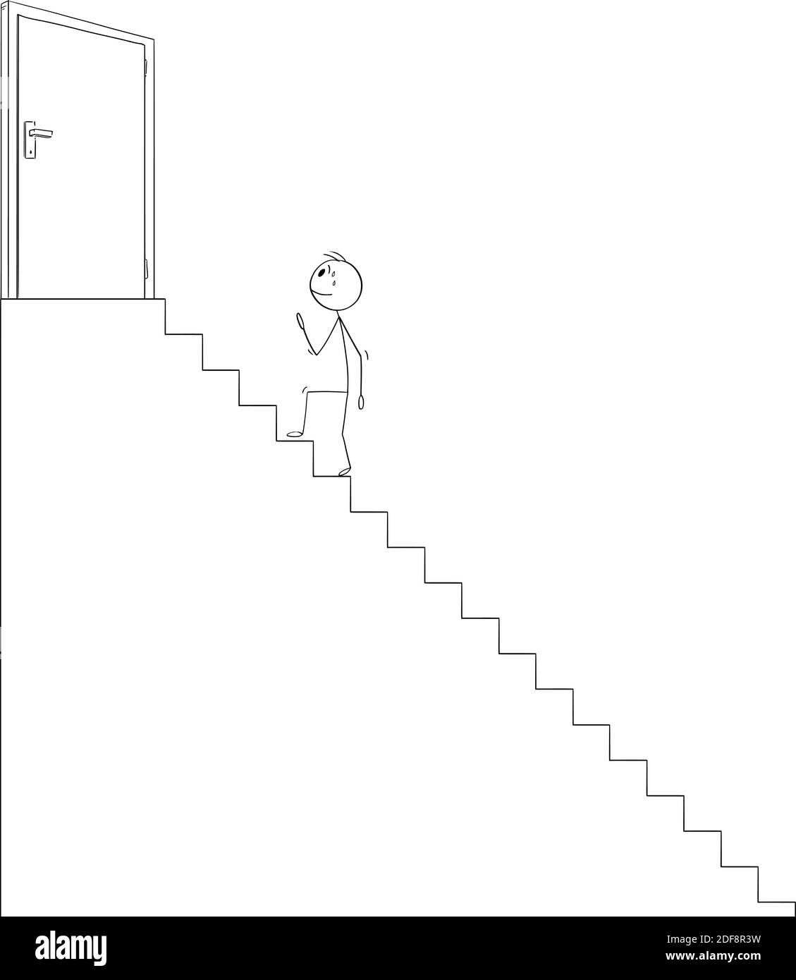 Figura del cartoon vettoriale di figura del bastone di un uomo o di un uomo d'affari che sale le scale per raggiungere e aprire la porta sulla parte superiore che porta al successo o alla caduta. Illustrazione Vettoriale