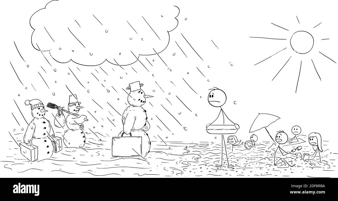 Figura del cartoon vettoriale di figura di bastone di cartoni animati di gente che gode il divertimento estivo e che osserva frustrato ai pupazzi di neve che vengono con l'inverno e la neve. Fine vacanza, vacanza o stagione. Illustrazione Vettoriale