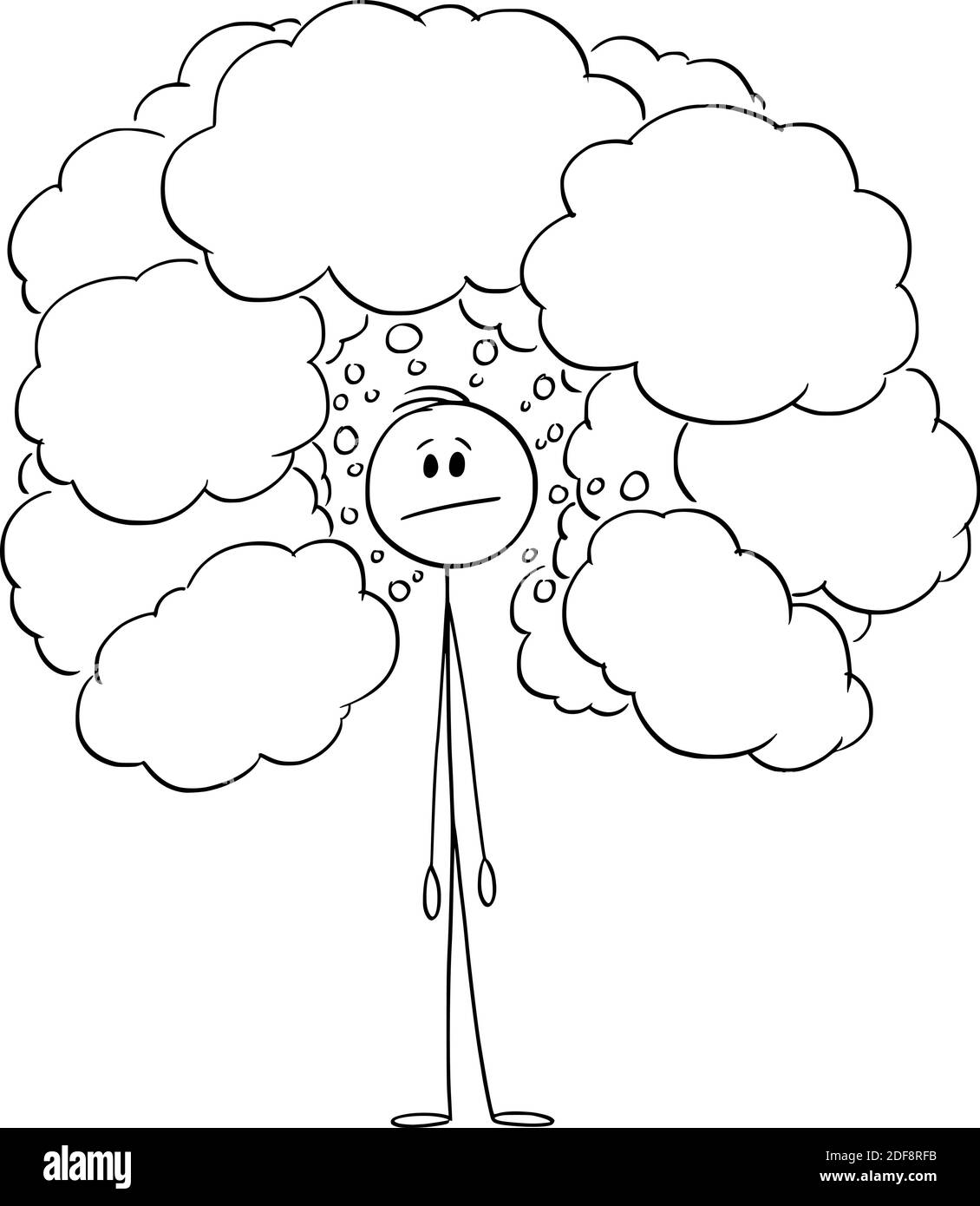 Immagine del cartoon vettoriale di figura del bastone di pensare l'uomo o l'uomo d'affari con i palloncini di parola vuoti o le bolle di testo intorno. Illustrazione Vettoriale