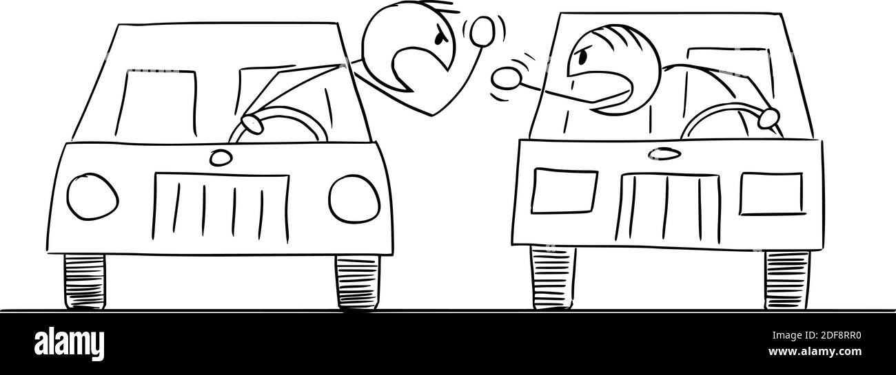 Figura del cartoon vettoriale di due autisti aggressivi arrabbiati che discutono o combattono. Illustrazione Vettoriale
