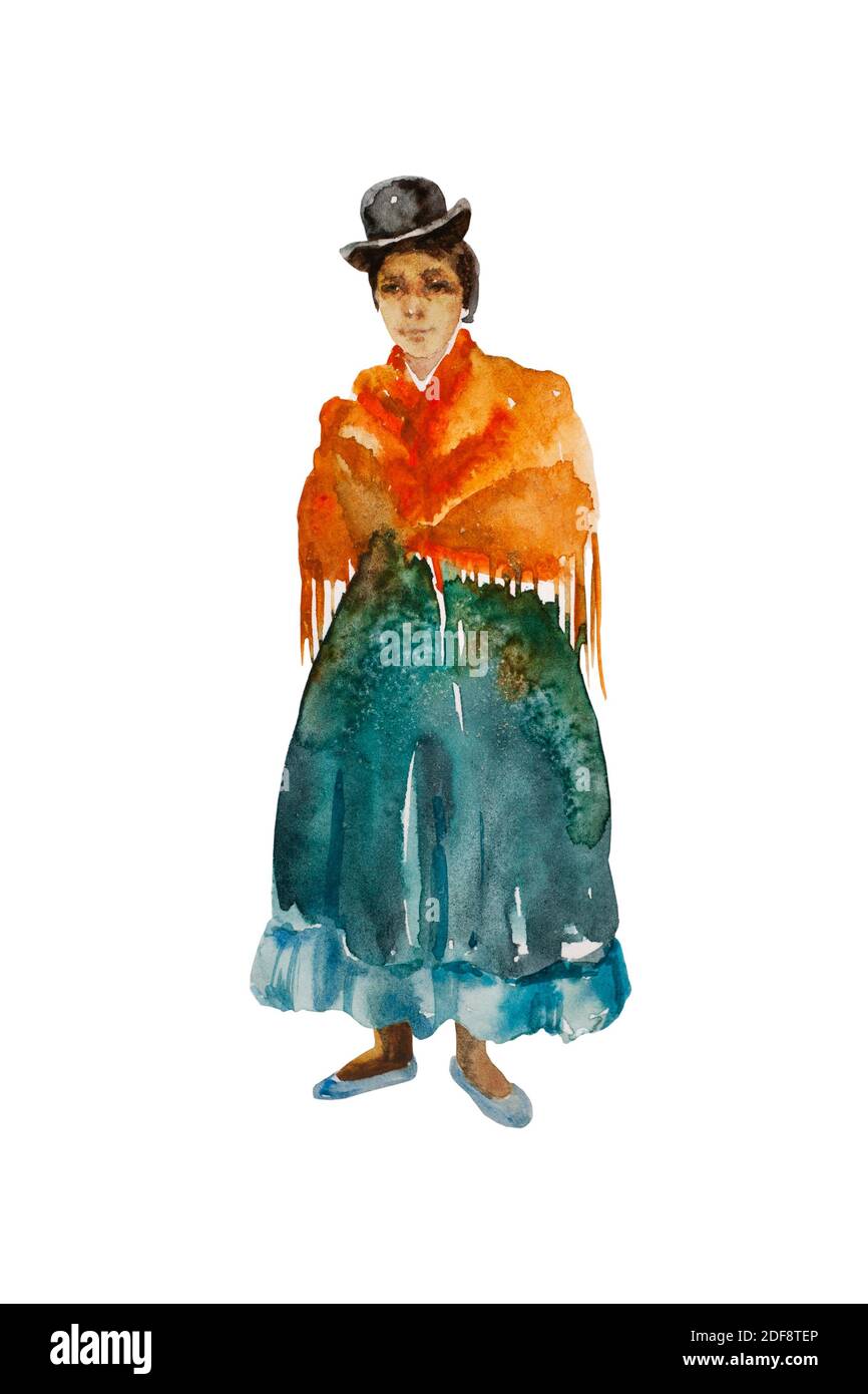 Schizzo acquerello di colita boliviana in tradizionale colorato blu e arancio abbigliamento - cappello, scialle e gonna vibrante. Immagine originale iso Foto Stock