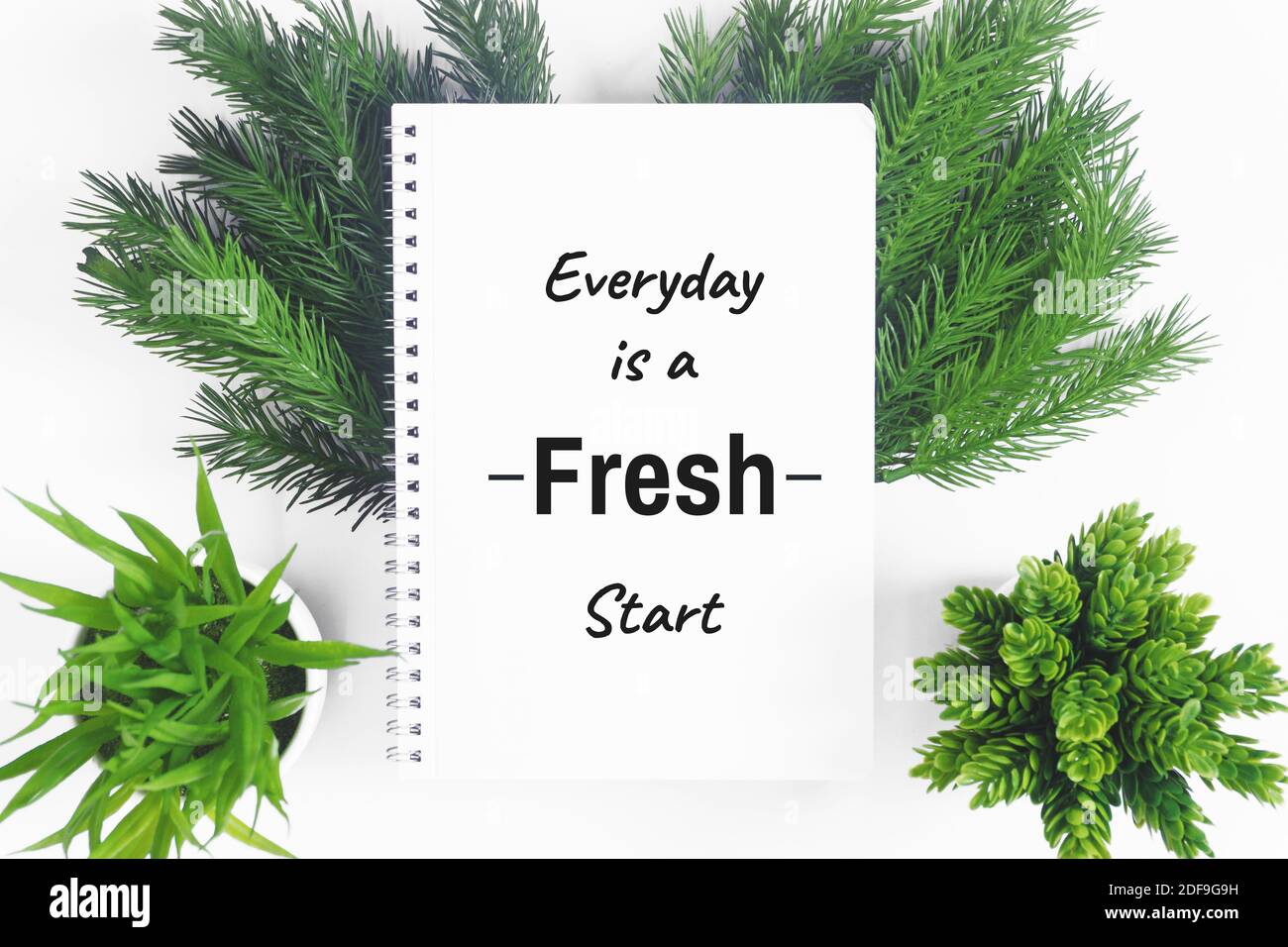 Ogni giorno è un inizio fresco. Taccuino su foglie verdi con piante in vaso. Foto Stock