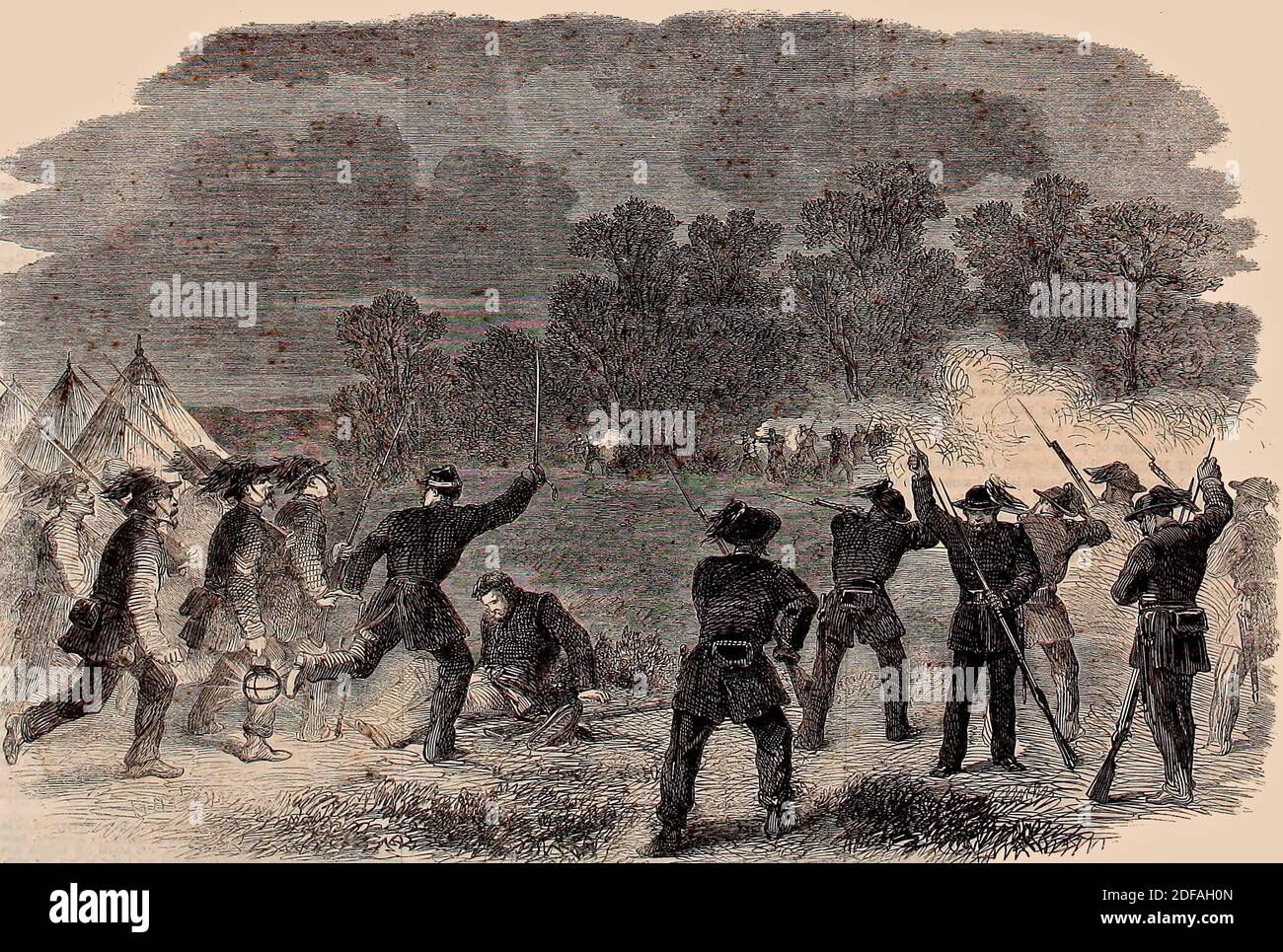 La guerra civile in America - attacco ai picchetti della Guardia Garibaldi del ramo Est del Potomac, 1861 Foto Stock