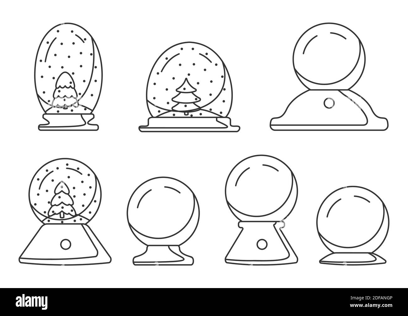 Globo di neve di Natale con abete-tree, insieme di icone di contorno. Regalo invernale di Natale. Palla souvenir regalo magico. Semitrasparente sfera di neve simbolo tradizionale festa di Capodanno. Isolato su illustrazione vettoriale bianca Illustrazione Vettoriale