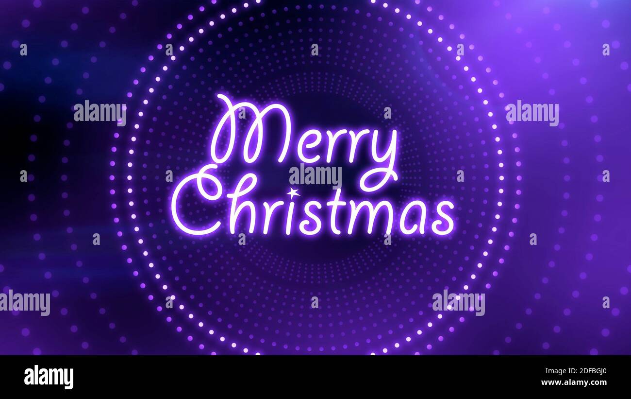 Allegro testo 3D natalizio, presentazione con illuminanti illusioni luminose in background, celebrazione di Capodanno Foto Stock