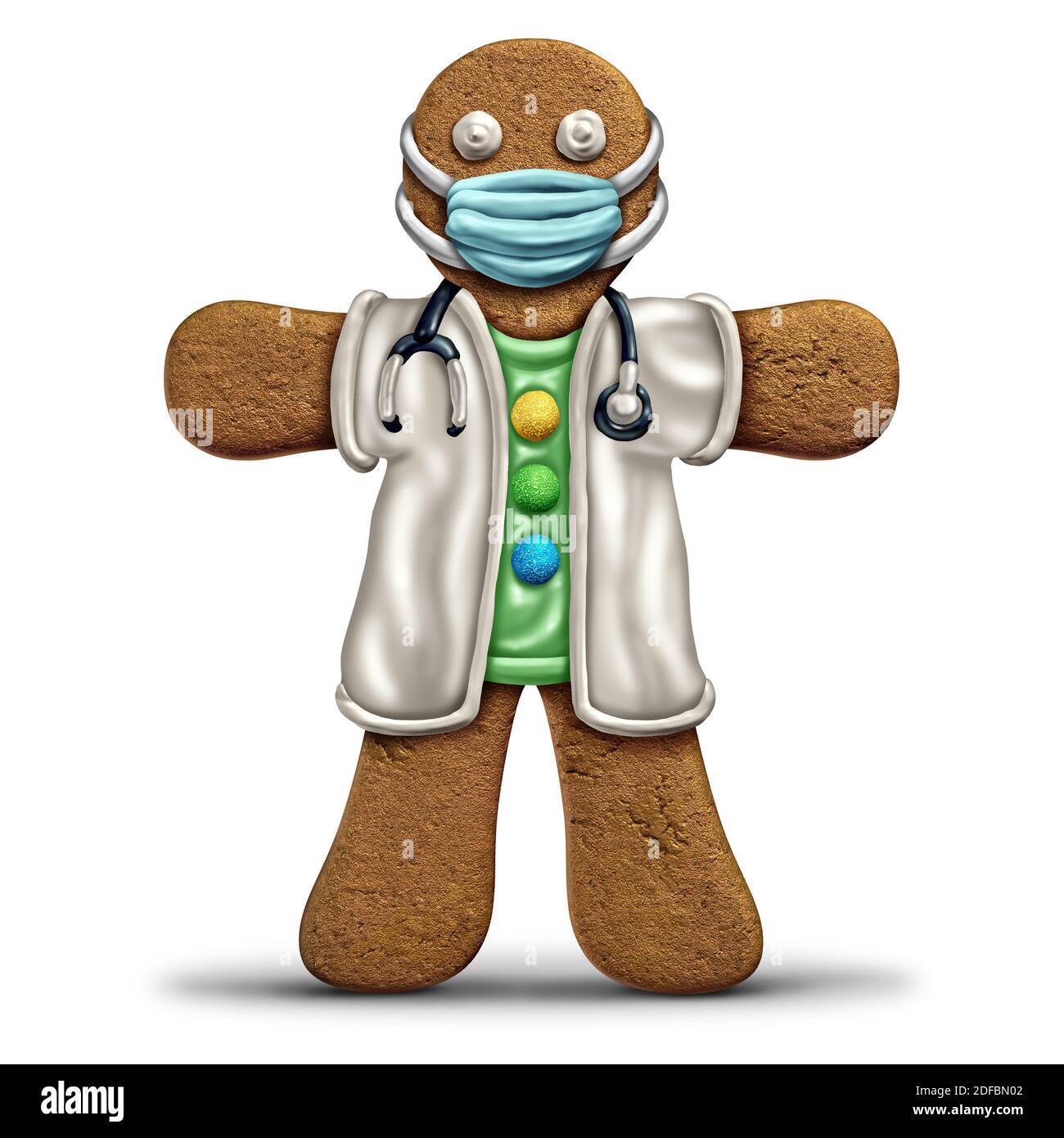 Gingerbread uomo medico e icona di lavoratore sanitario con una maschera per la salute e la salute essenziale eroe lavoratore cuocere la vendita e la prevenzione di un virus. Foto Stock