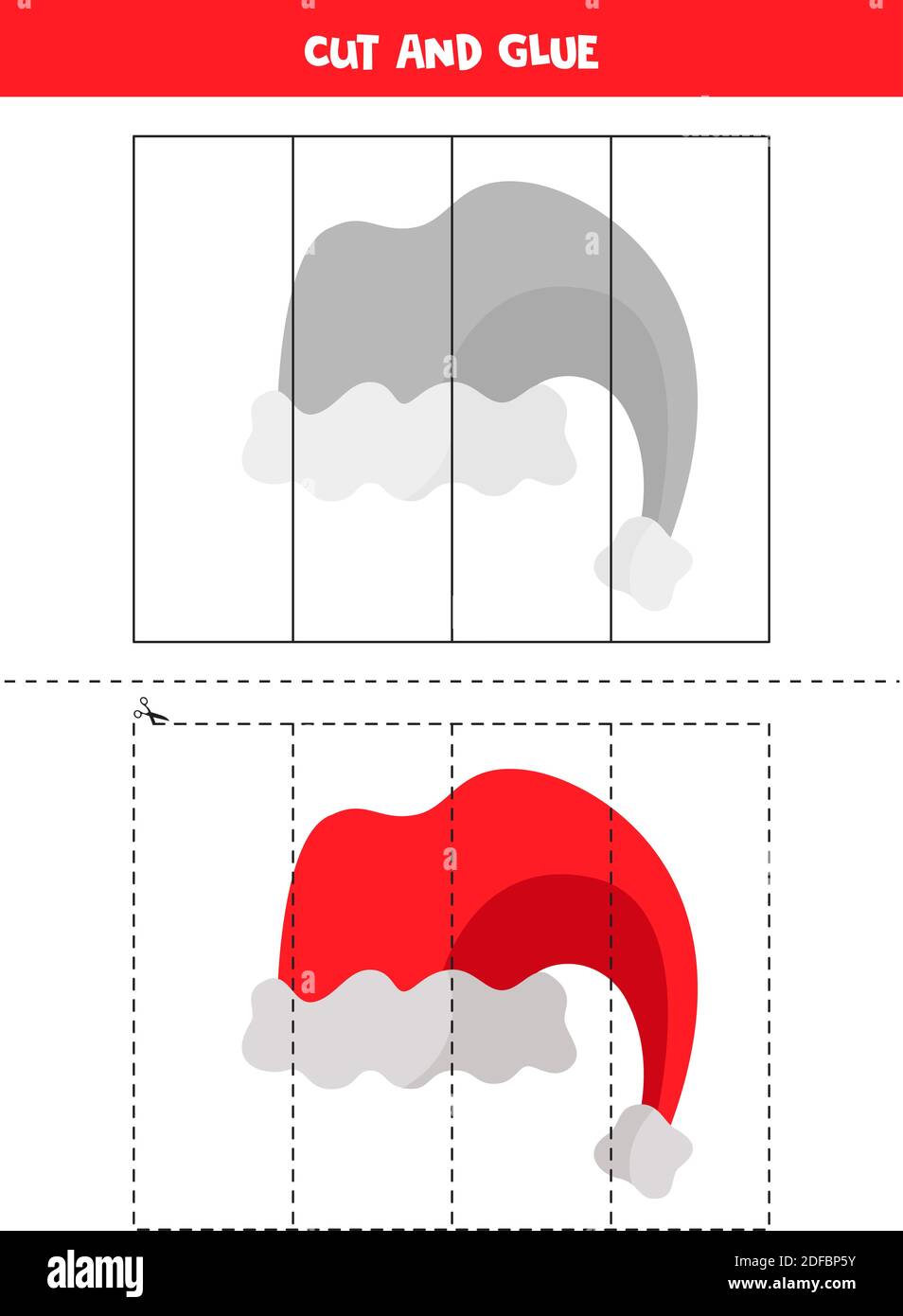 Tagliare e incollare l'immagine del cappuccio di Babbo Natale. Puzzle di Natale per i più piccoli. Illustrazione Vettoriale