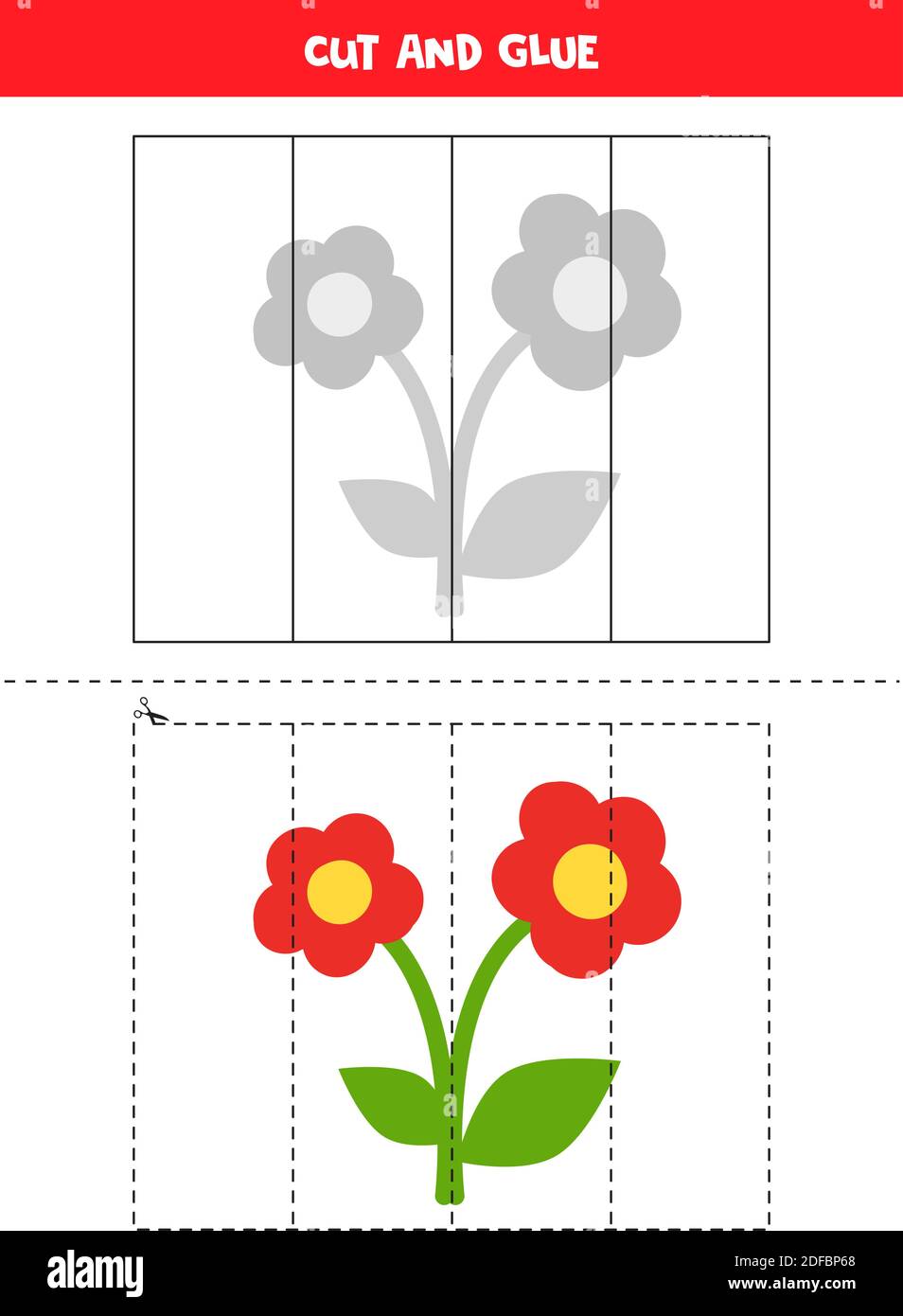 Tagliare e incollare l'immagine di cartoon rosso fiore. Puzzle educativo per bambini. Illustrazione Vettoriale