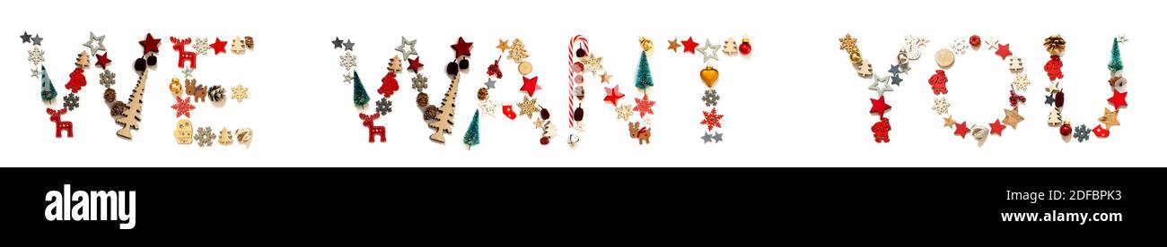 Colorato Natale decorazione lettera costruzione Parola vogliamo voi Foto Stock