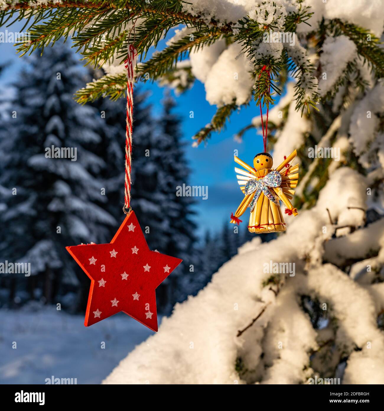 Weihnachten, Christbaumschmuck am Tannenbaum im frisch verschneiten Wald. Roter Stern und Strohengel. Decorazione di Natale nella foresta innevata. angel Foto Stock