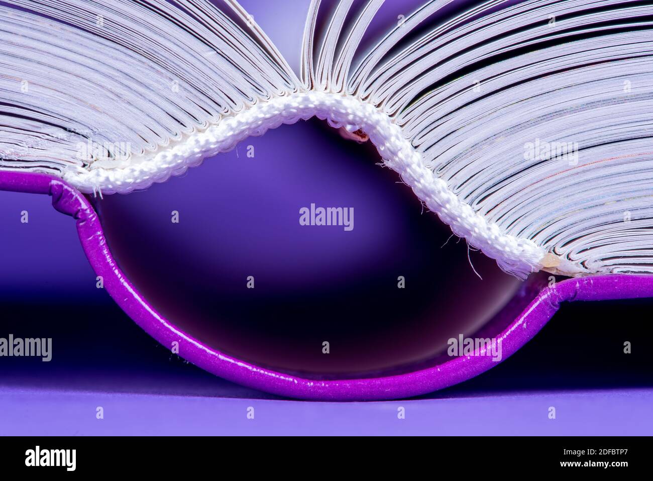 Aprire la copertina rigida del libro in primo piano su sfondo viola Foto Stock
