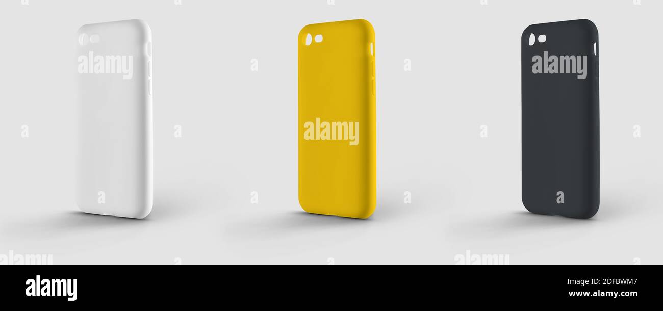 Contenitori modello per un telefono cellulare su sfondo isolato, in nero, bianco e giallo. Copertine mockup su smartphone per i desi di presentazione Foto Stock