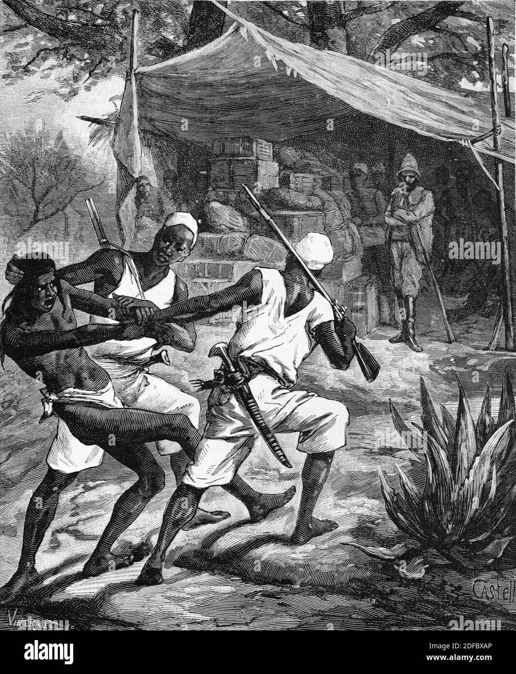 Confronto in Africa coloniale tra soldati africani, probabilmente tirailleurs senegalesi, che lavorano per le potenze coloniali e africani (englr Castelli 1884) Illustrazione o incisione d'epoca Foto Stock