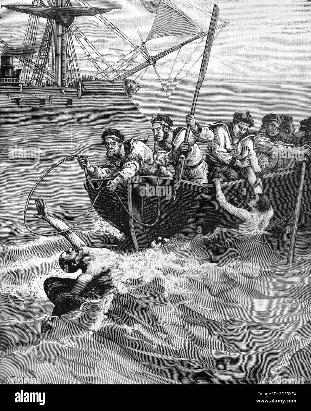 I marinai tentano di salvare un uomo in mare da uno squalo Attacco al largo della costa di Aden Yemen nel Golfo Del Mare Arabico di Aden (engr Castelli 1885) Foto Stock
