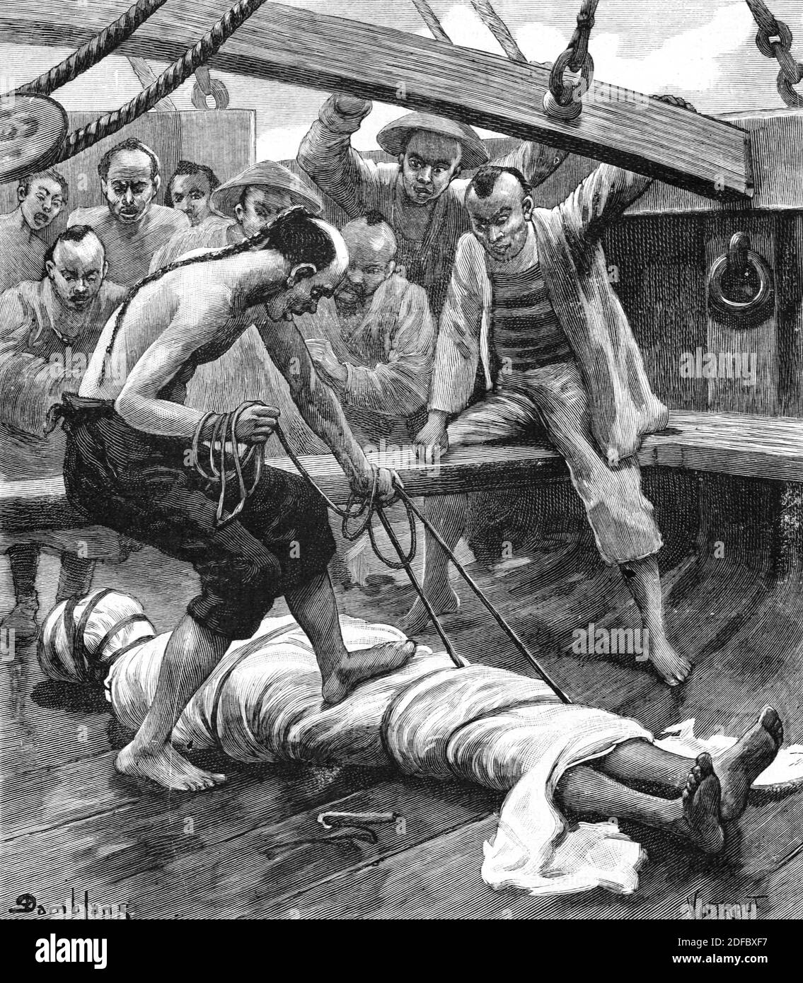 Sepoltura in mare a bordo di un tongkang cinese Cargo Boat Cina (Eng 1895) Illustrazione o incisione vintage Foto Stock