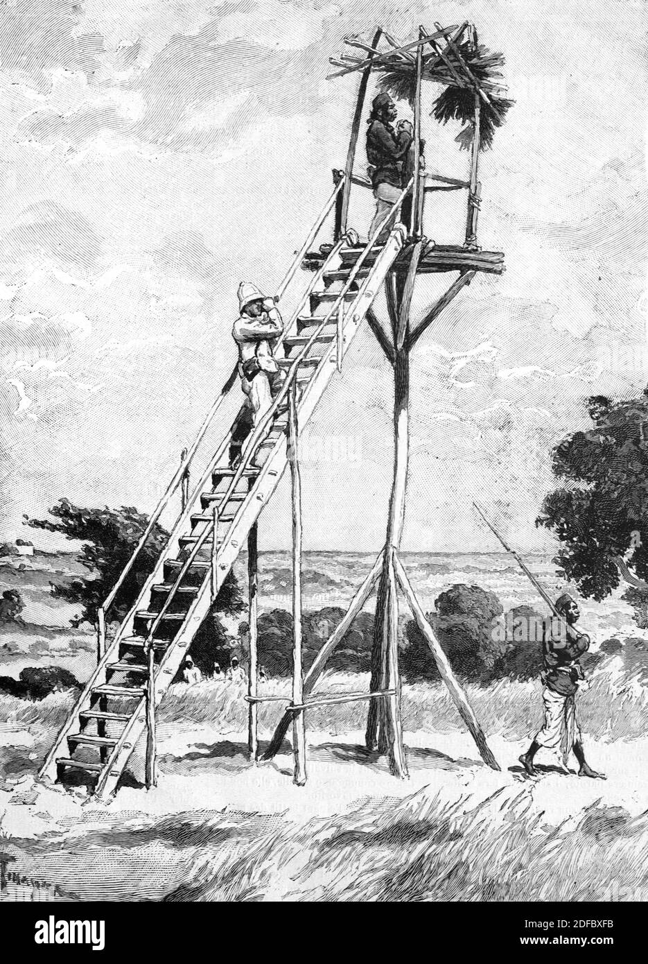 Posto di osservazione, torre di avvistamento militare, torre di avvistamento o posto di osservazione utilizzato durante la guerra coloniale francese in Madagascar (engr 1895) incisione o illustrazione d'epoca Foto Stock