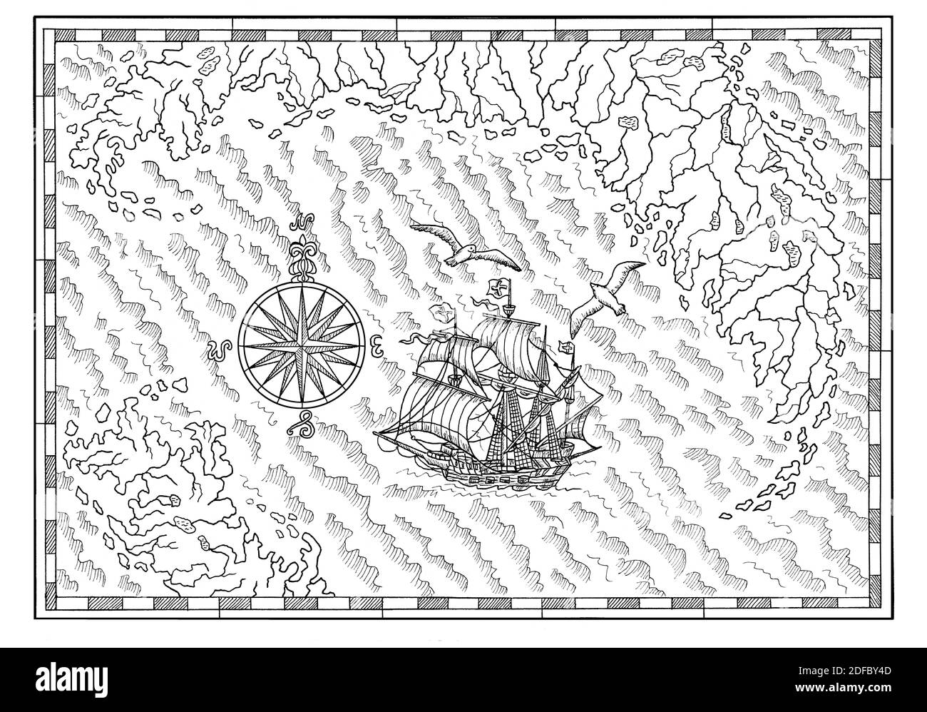 Antica mappa pirata con vecchie barche a vela pirata, isole tesoro. Sfondo antico decorativo con carta nautica, avventura tesori caccia concetto Foto Stock