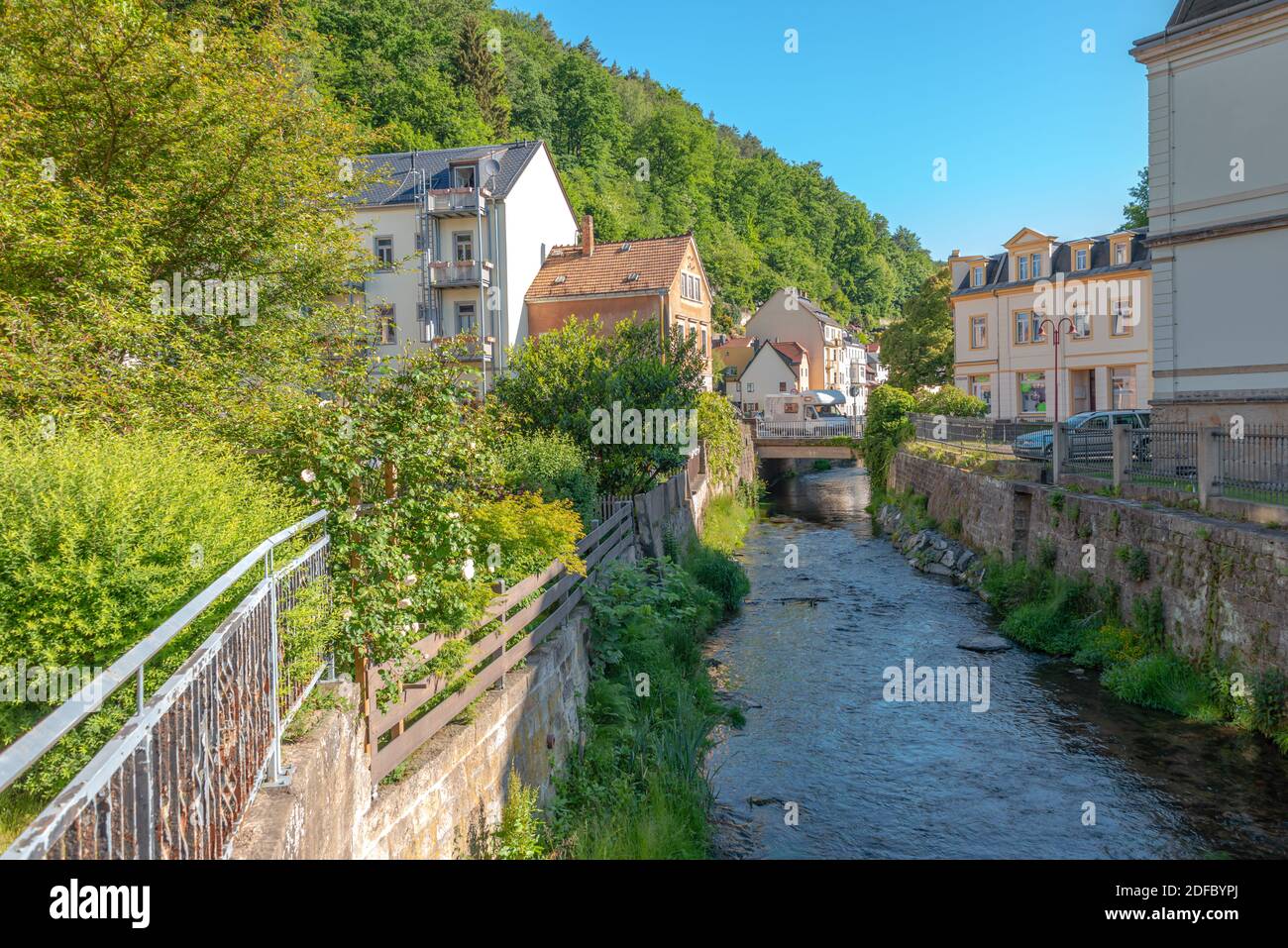 Fiume Kirnitzsch nel centro di Bad Schandau, Svizzera sassone, Sassonia, Germania Foto Stock