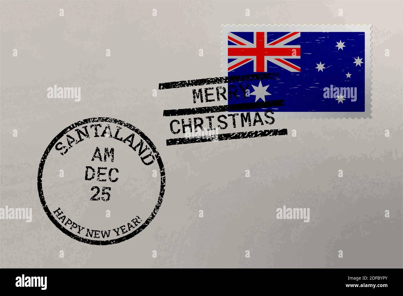 Busta con francobollo con bandiera australiana, francobolli di Natale e Capodanno, vettore Illustrazione Vettoriale